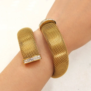 Fashionable gold woven mesh open bangle with sparkling crystal accents for women