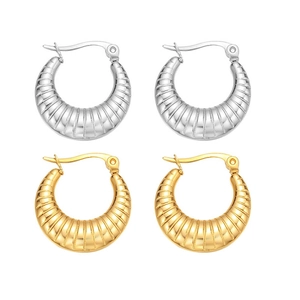 Polished gold and silver stainless steel croissant dome earrings with ribbed texture