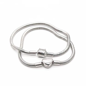 Silver titanium steel snake chain bracelets with heart and rectangle clasps in 18K gold finish