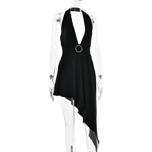 Detail of sexy halter neck dress with deep V-neck and O-ring waist cutout ornament