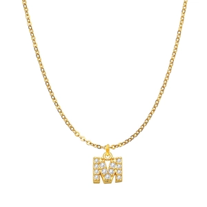 Close-up of golden necklace featuring a letter M pendant with sparkling zircon inlay