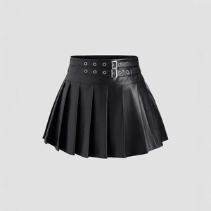 Women High Waist PU Leather Pleated Mini Skirt Punk Gothic A-Line Short Skirt With Double Buckle Belt