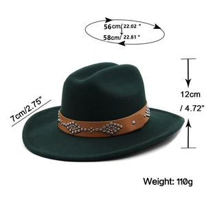Dark green wide brim wool jazz fedora with brown studded leather band for men and women