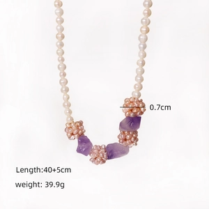 Freshwater pearl necklace with amethyst and woven floral ball 45cm chain length