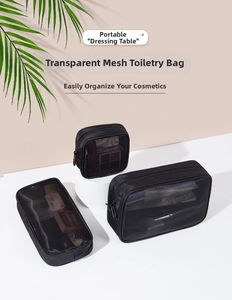 Three-piece set of black mesh cosmetic bags in different sizes on a pink background