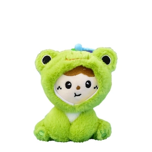 Cute plush doll keychain pendant wearing a soft green frog costume for bags and keys