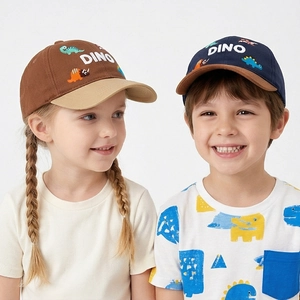 Breathable cotton baseball caps for kids featuring cute dinosaur embroidery in brown and blue