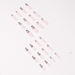 French black and white patterned long coffin press-on nails 24-piece set on white background