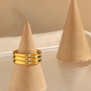 18K gold plated stainless steel triple band ring with three sparkling cubic zirconia