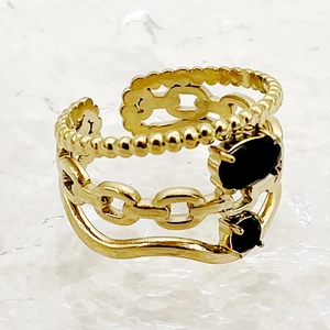 Stainless Steel Gold Plated Adjustable Open Ring Heart Zircon Inlaid Geometric Multi-layer Wave Finger Jewelry For Women