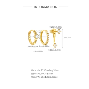 Detailed view of gold S925 sterling silver earrings set with zircon stones and dimensions