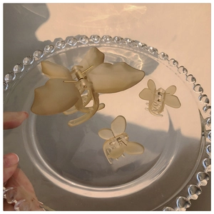 Three matte champagne butterfly hair claws in various sizes on a glass plate