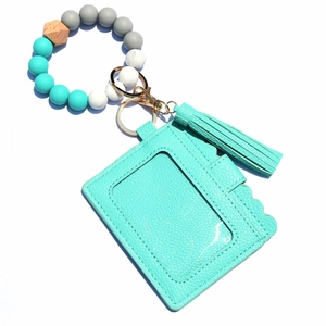 Turquoise PU leather card holder with silicone bead bracelet and tassel keychain pendant