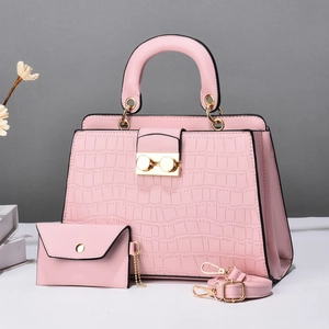 Pink faux crocodile texture handbag set including shoulder bag and small coin pouch