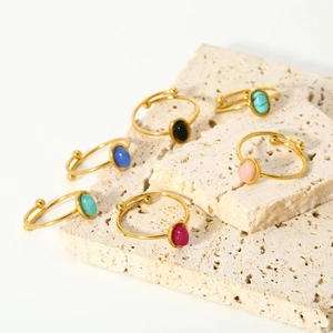 Set of 6 adjustable 18K gold-plated rings with colorful oval natural stones on stone blocks