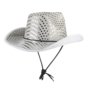 Detail of silver sequined western cowboy hat with adjustable black chin strap for stage