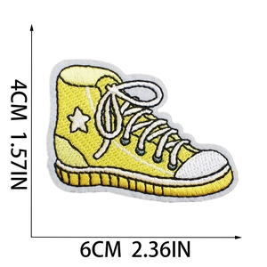 Detail view of yellow high-top shoe embroidery patch with precise dimensions 6cm x 4cm