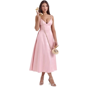Elegant pink satin slip dress with V-neckline and midi length for formal parties