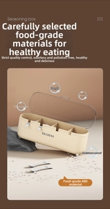 Detailed macro view of 3-compartment seasoning box with transparent lids and spoons