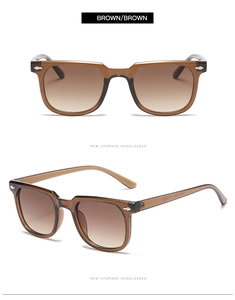 Detail view of brown square sunglasses showing metal arrow rivets and gradient lenses
