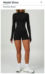 Detail of premium black yoga set featuring thumb hole cuffs and zip-up slim fit jacket