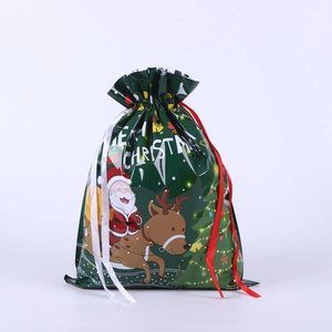 Detail of Christmas drawstring gift bag with Santa and reindeer on green background