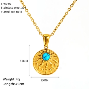 Detailed view of 18k gold plated sun pendant necklace with blue turquoise stone and dimensions
