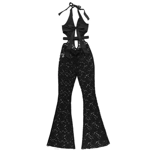 Detailed close-up of the black lace floral pattern and hollow-out waist on the jumpsuit