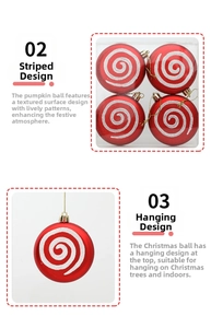 Detail of red Christmas ball ornaments with white spiral glitter stripes and gold hanging caps