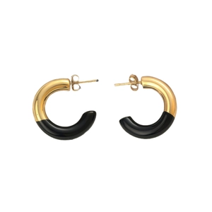 Minimalist C-shaped hoop earrings in gold and black enamel finish with butterfly backs