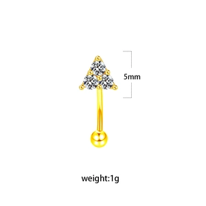 Detail showing gold triangle zircon eyebrow ring with 5mm size and 1g weight