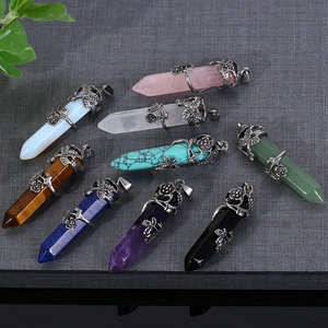 Natural crystal hexagonal point pendants with vintage silver flower metal caps in multi-colors