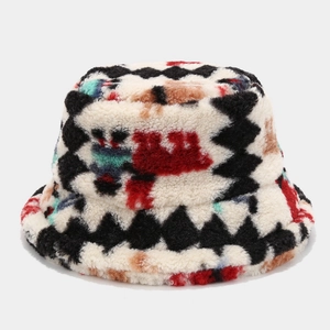 Winter plush bucket hat with colorful geometric diamond pattern for warm outdoor wear