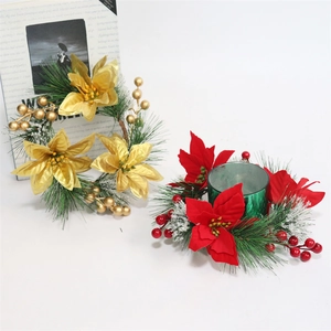 Red poinsettia and gold pine needle Christmas wreath with glass candle holder set