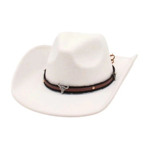 White western cowboy felt hat with brown leather band and silver ox head ornament
