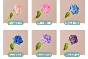 Detail showing six colors of handmade crochet roses with realistic textures and green leaves