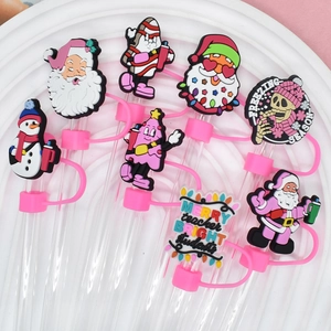 Christmas themed 10mm silicone straw toppers set featuring Santa and snowman patterns