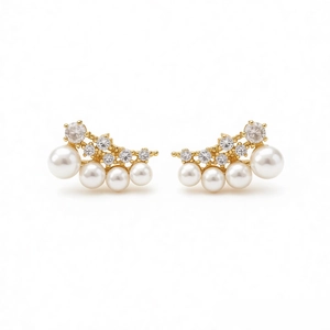 18k gold plated sterling silver needle earrings with pearls and cubic zirconia stones