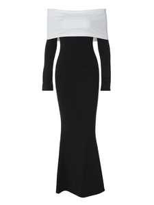 French style contrast off-shoulder slim fit black long sleeve maxi fishtail dress