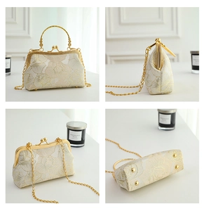 Detail views of white floral jacquard clutch with gold handle and metal chain strap