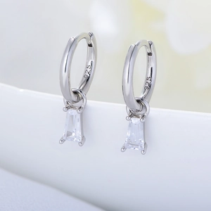 Minimalist S925 sterling silver hoop earrings featuring rectangle cut cubic zirconia
