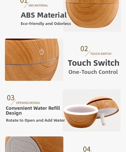 Detail view of wooden grain USB humidifier showing touch switch and easy refill opening