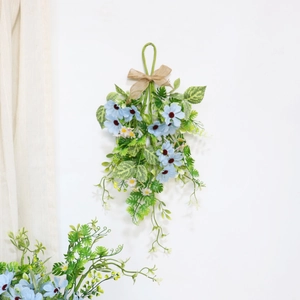 Artificial blue daisy floral wall hanging with burlap bow for wedding party decor