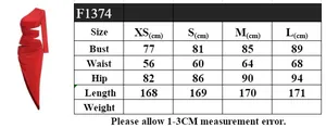 Size chart detail for red rhinestone evening gown with bust, waist, and hip measurements