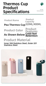 Detail showing five color options and open lid of 304 stainless steel thermal bottles