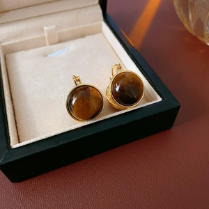 Gros plan de boucles d'oreilles dorées avec pierres œil-de-tigre dans un écrin en velours beige