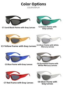 Detailed color display of wraparound Y2K sports sunglasses in multiple vibrant frames