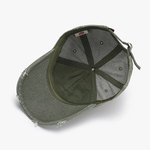 Distressed army green cotton baseball cap with letter embroidery and vintage worn edges