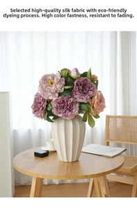Artistic oil painting style peony bouquet in elegant ribbed white ceramic vase