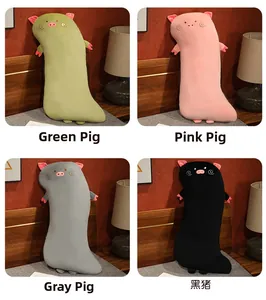 Four colorful plush pig bolsters in green pink grey and black for bedroom decor